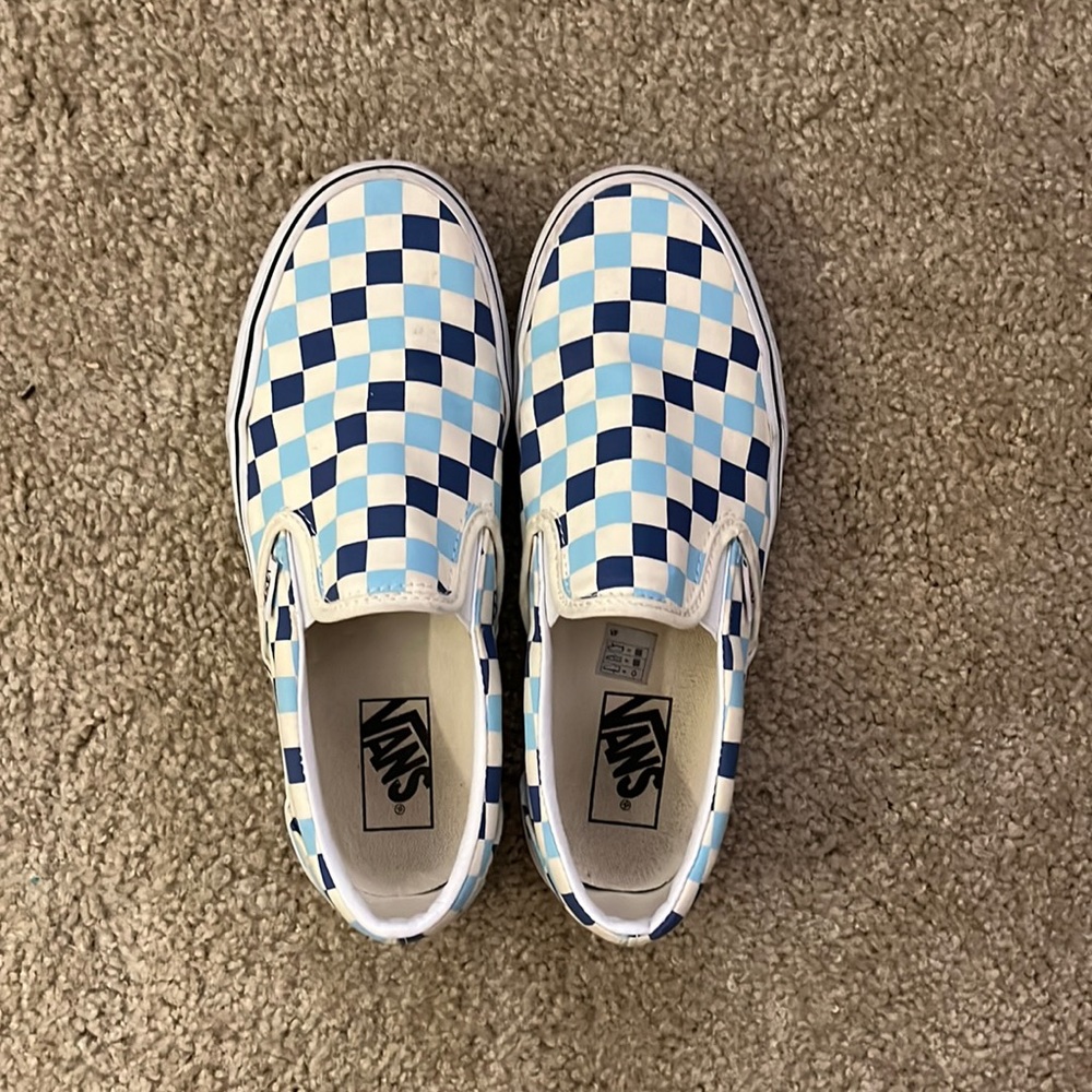 White and blue checkered Vans Slip Ons